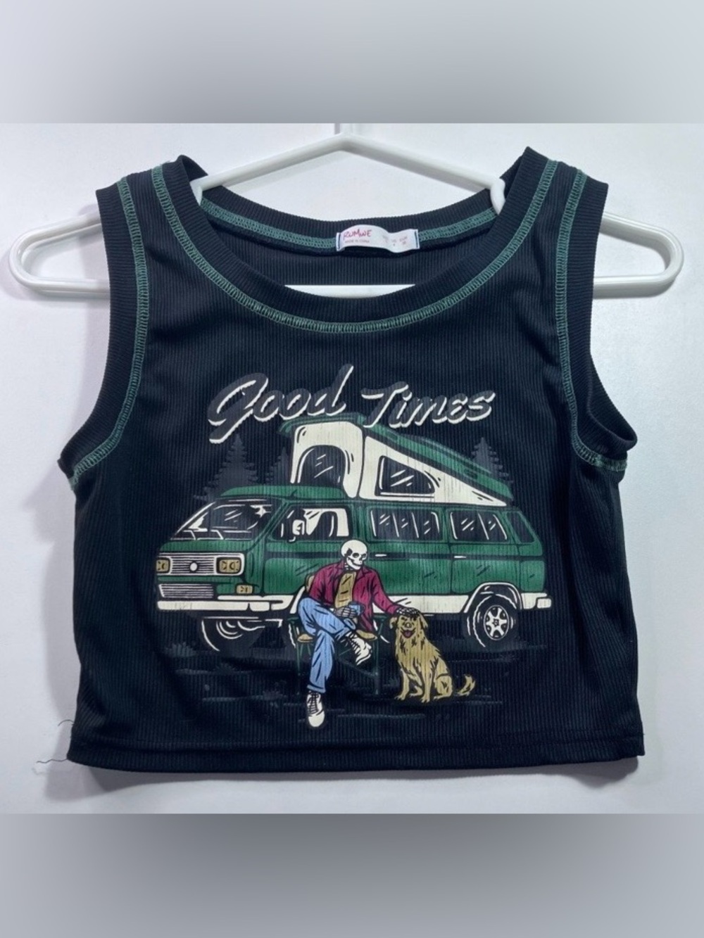 ROMWE Good Times Camper Van Graphic Crop Tank Top Black Ribbed Women Small